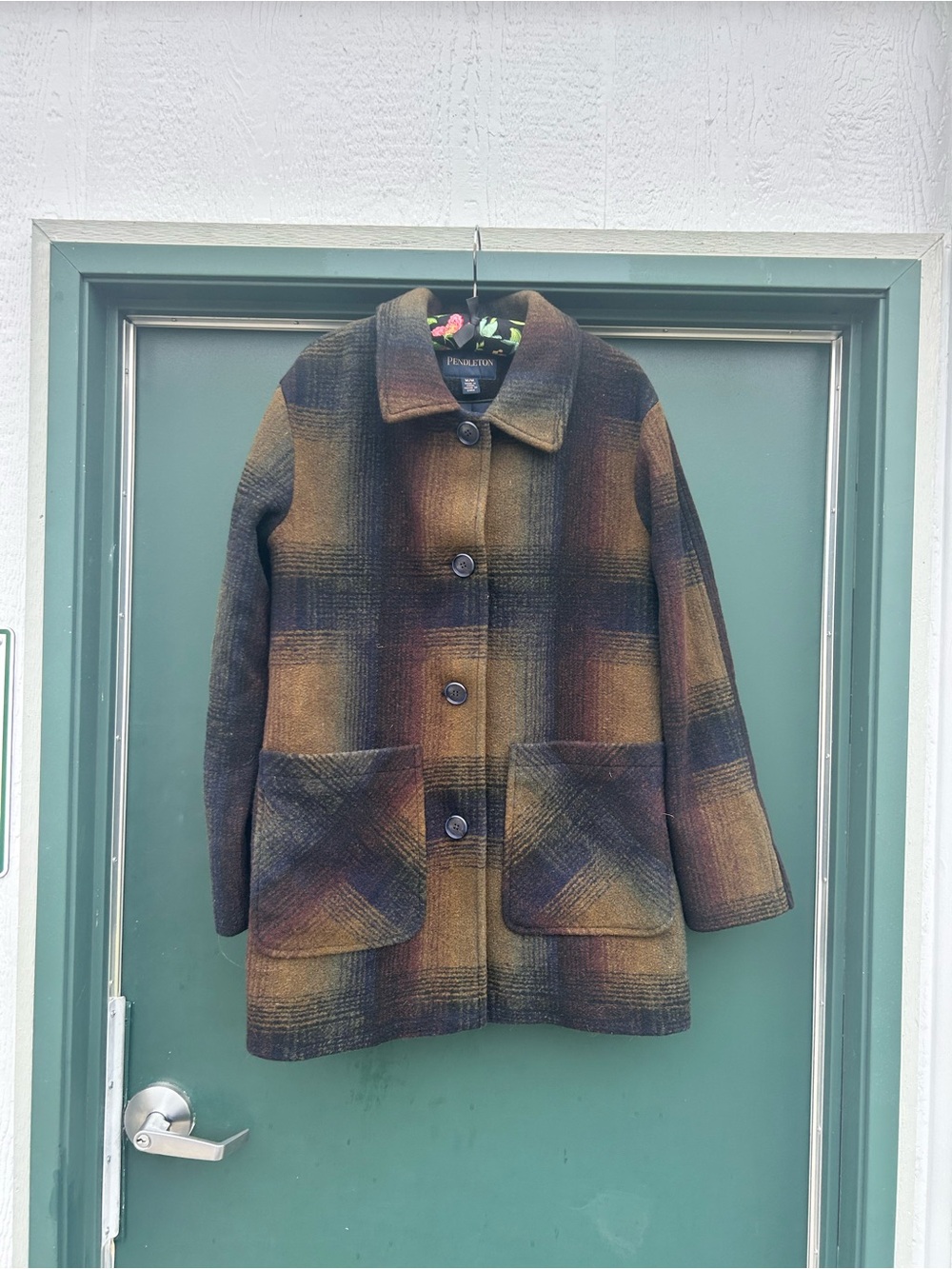 Pendleton Plaid Wool Pea Coat in Brown, Green and Black new